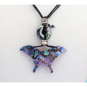 Vintage Art nouveau Abalone Butterfly Pendant Necklace 24 Inch - S24